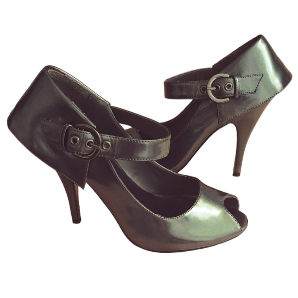 Steve Madden Peep Toe Pumps Womens 7.5 Pewter Grey Metallic Ankle Strap Heels